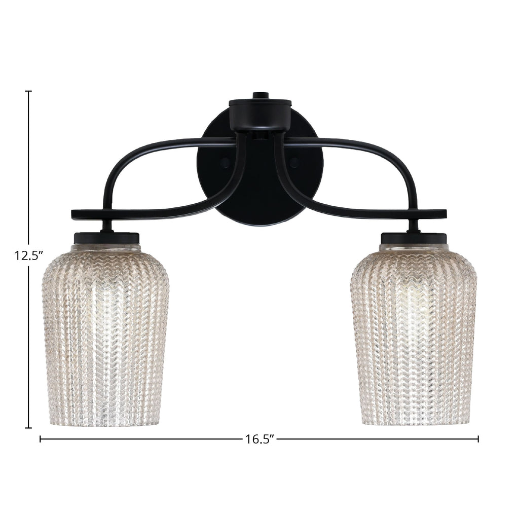 Cavella Two Light Bath Bar in Matte Black with 5" Silver Textured Shade