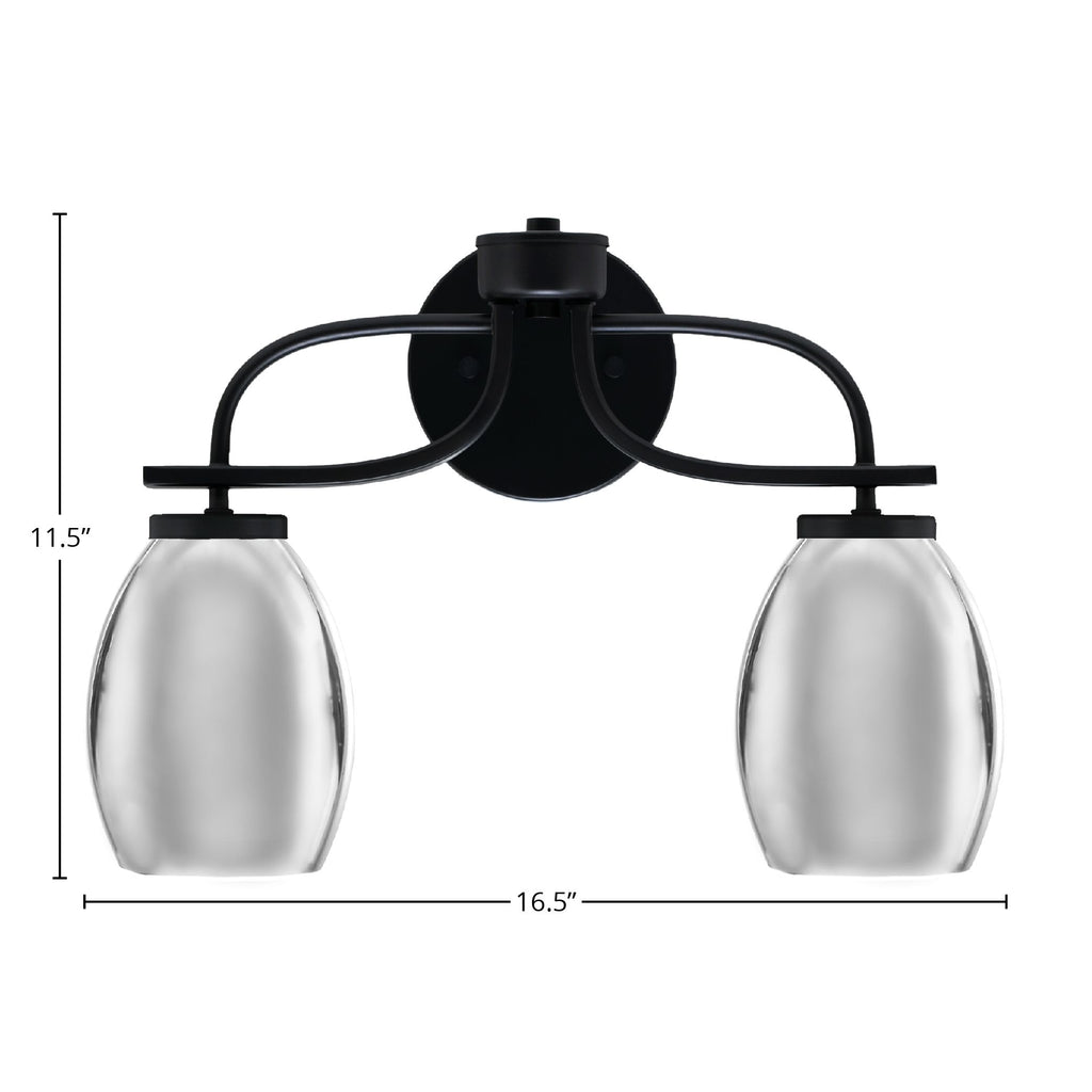 Cavella Two Light Bath Bar in Matte Black with 5" Chrome Oval Metal Shade