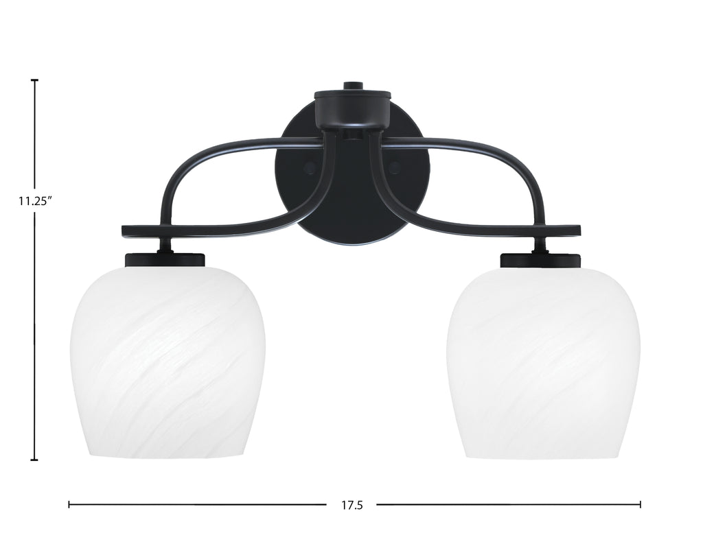 Cavella Two Light Bath Bar in Matte Black with 6" White Marble Shade
