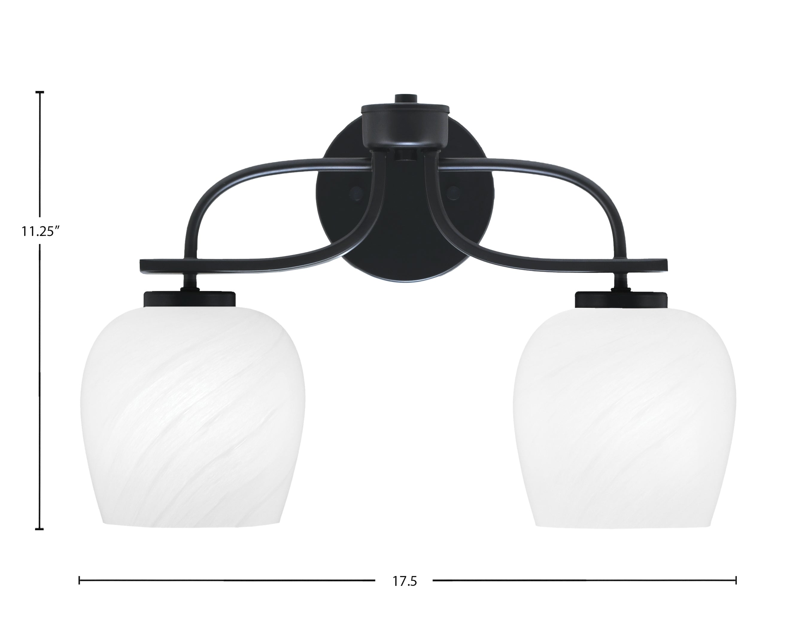 Cavella Two Light Bath Bar in Matte Black with 6" White Marble Shade