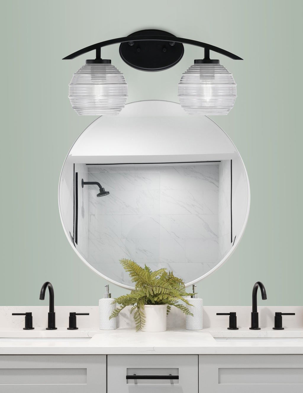 Cavella Two Light Bath Bar in Matte Black with 6" Clear Ribbed Shade