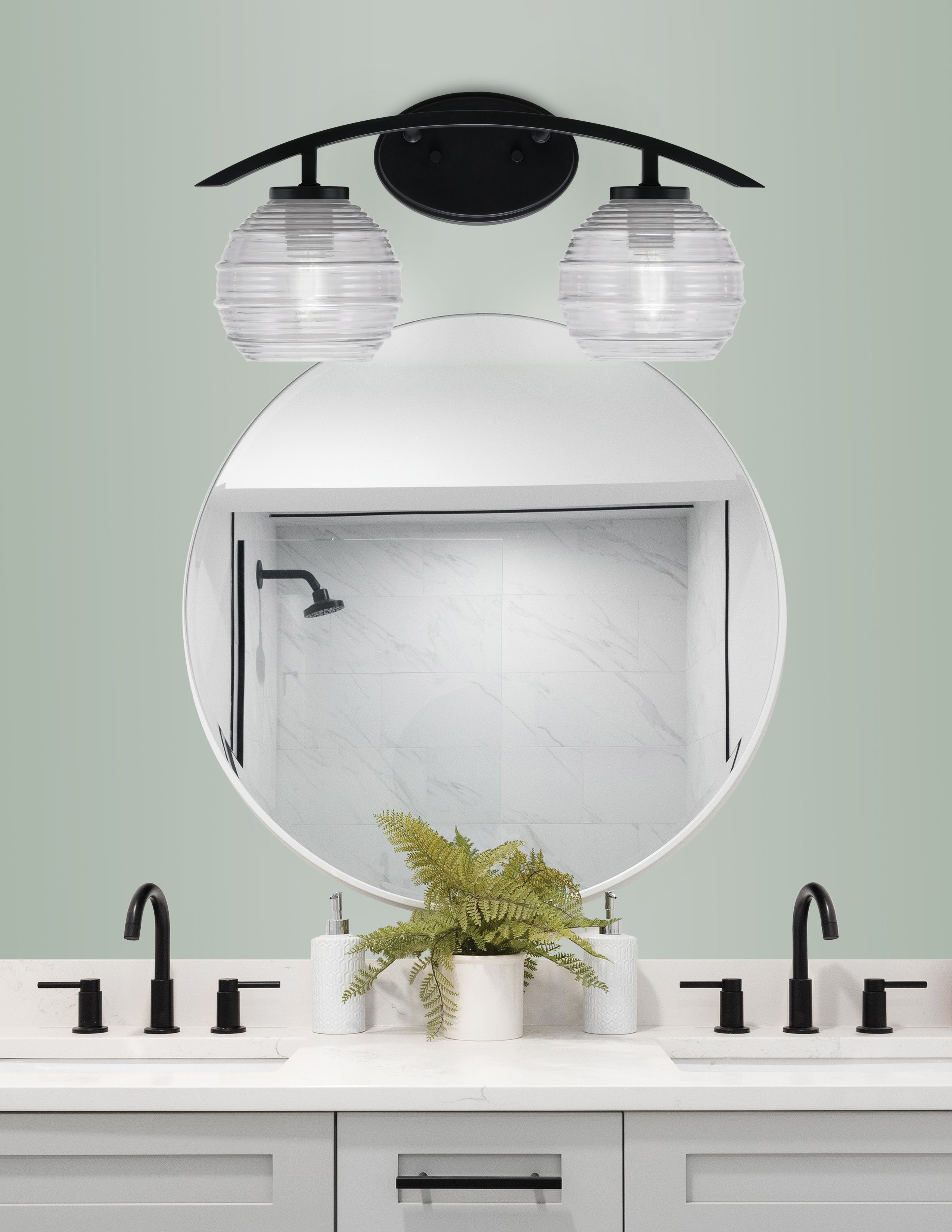 Cavella Two Light Bath Bar in Matte Black with 6" Clear Ribbed Shade