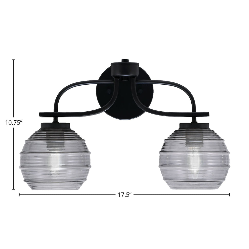 Cavella Two Light Bath Bar in Matte Black with 6" Smoke Ribbed Shade
