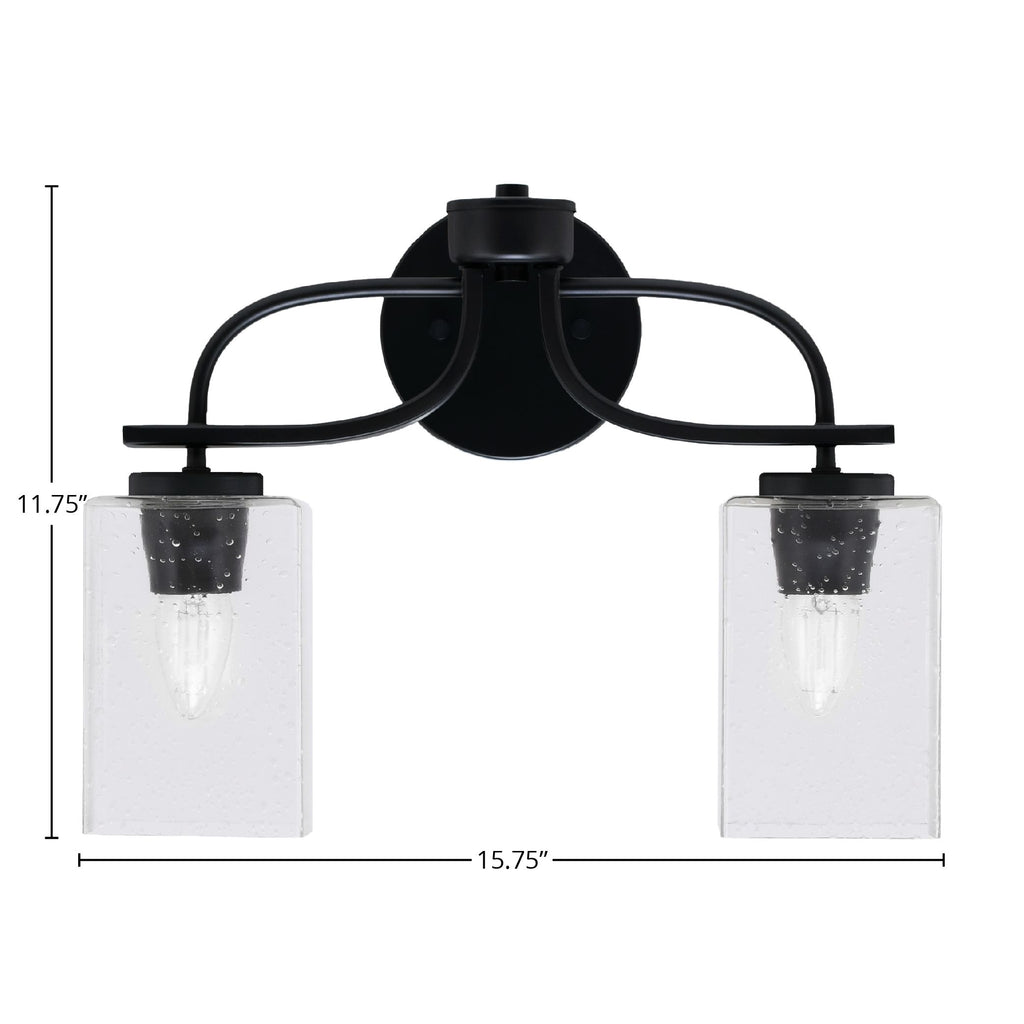 Cavella Two Light Bath Bar in Matte Black with 4" Square Clear Bubble Shade