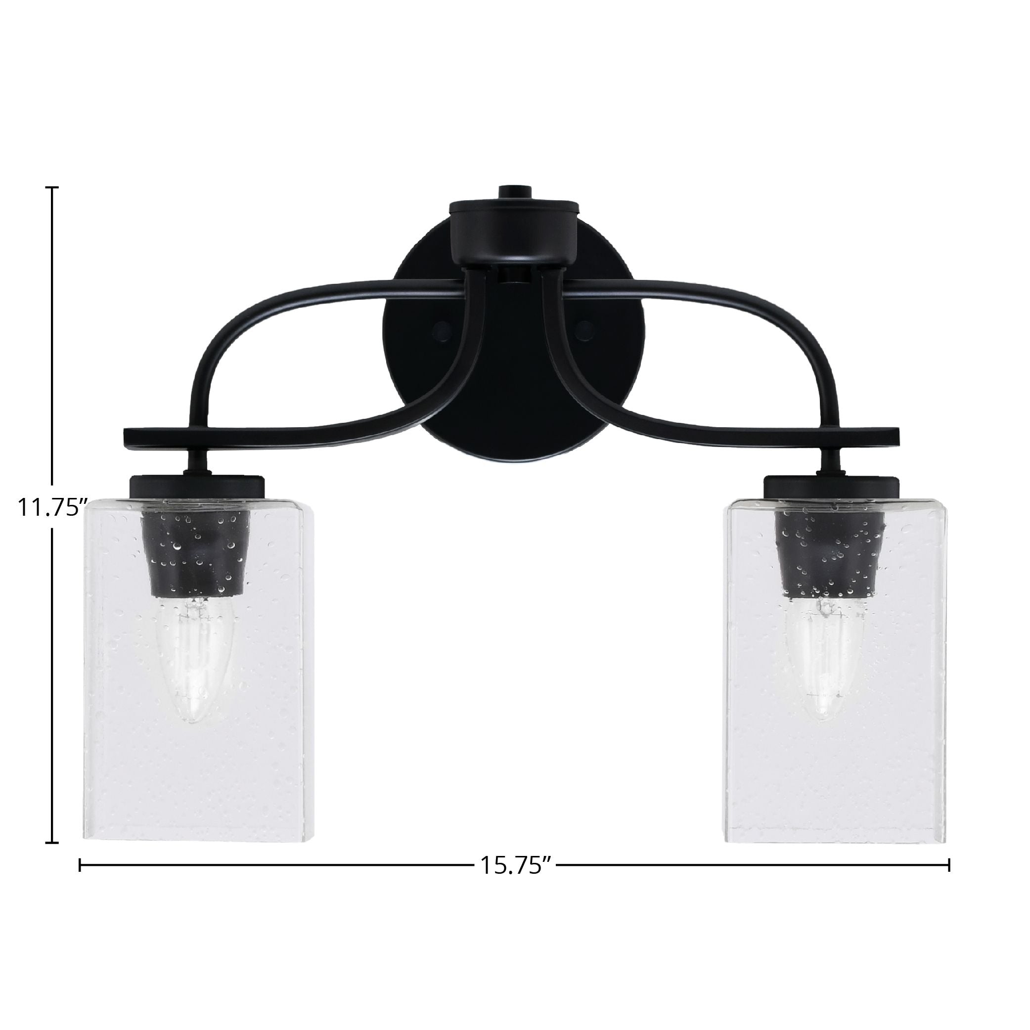 Cavella Two Light Bath Bar in Matte Black with 4" Square Clear Bubble Shade
