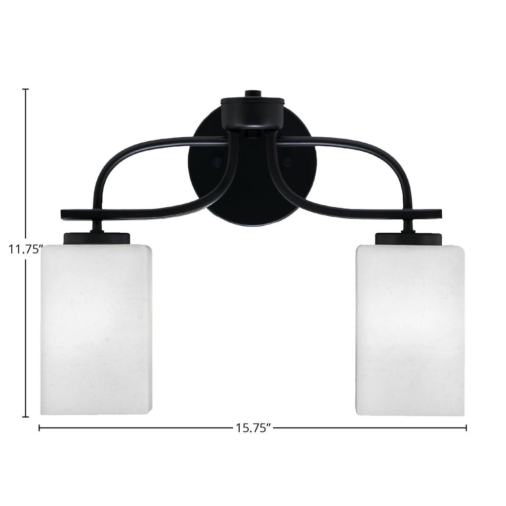 Cavella Two Light Bath Bar in Matte Black with 4" Square White Muslin Shade
