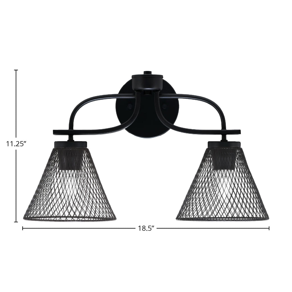 Cavella Two Light Bath Bar in Matte Black with 7"Matte Black Cone Mesh Metal Shade