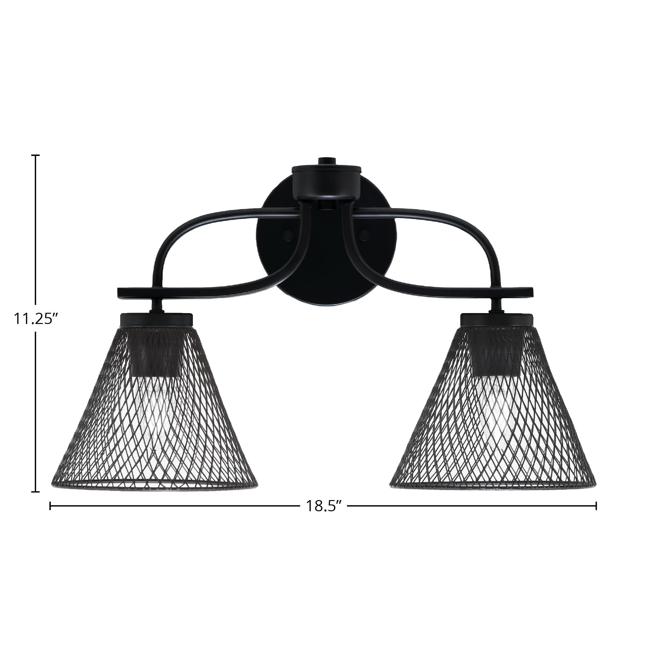 Cavella Two Light Bath Bar in Matte Black with 7"Matte Black Cone Mesh Metal Shade