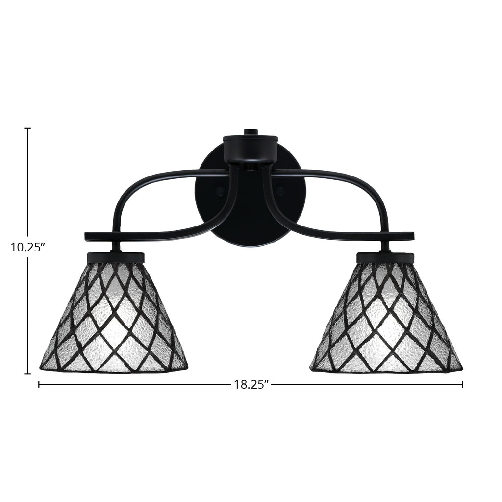 Cavella Two Light Bath Bar in Matte Black with 7" Diamond Ice Art Glass Shade