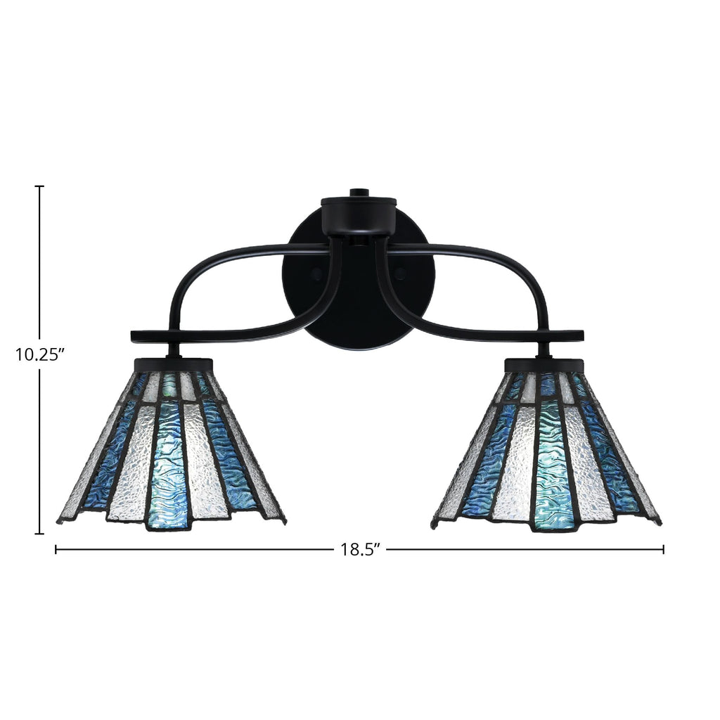 Cavella Two Light Bath Bar in Matte Black with 7" Sea Ice Art Glass Shade