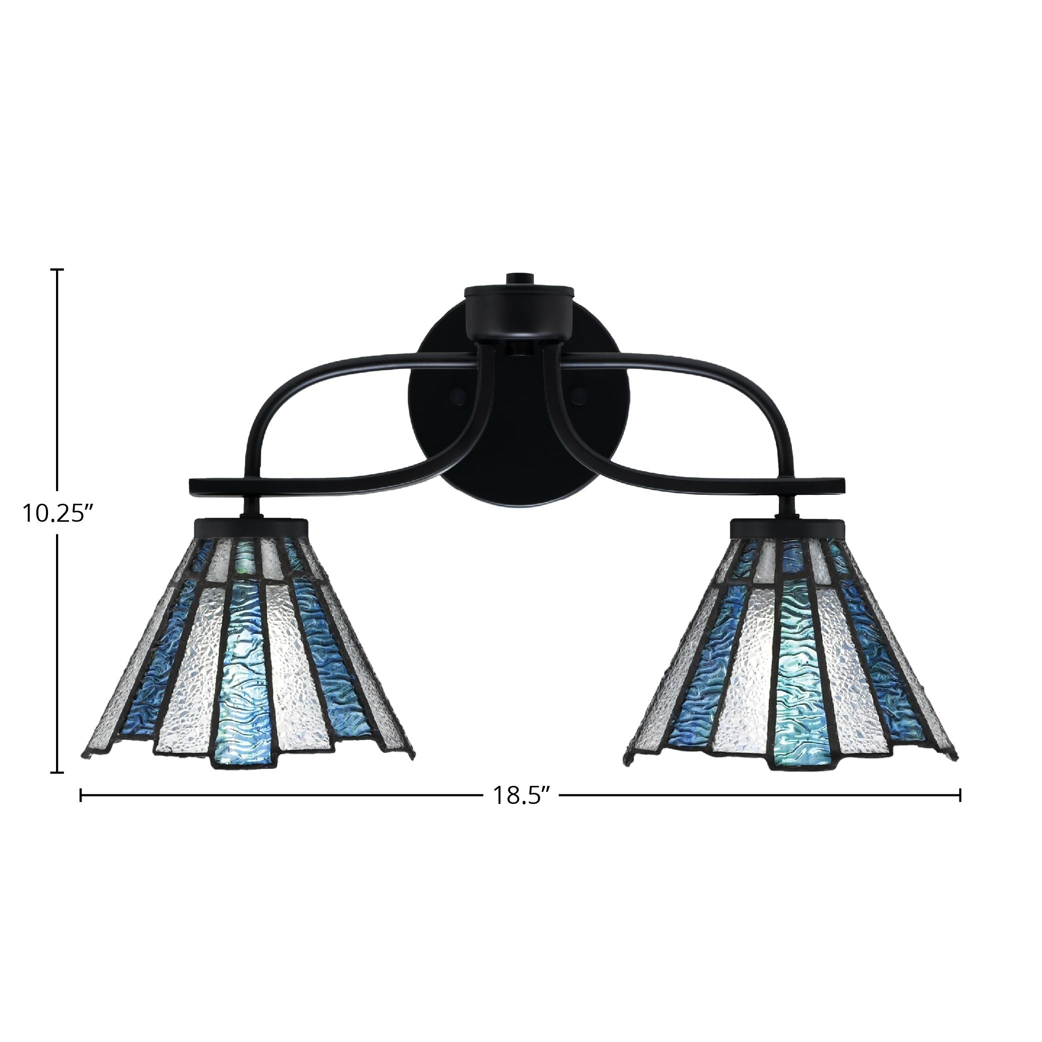 Cavella Two Light Bath Bar in Matte Black with 7" Sea Ice Art Glass Shade