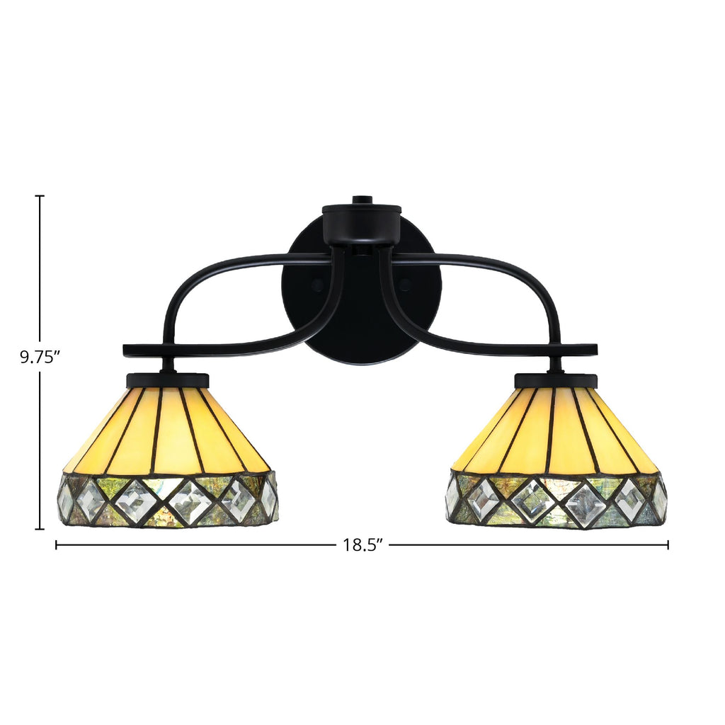 Cavella Two Light Bath Bar in Matte Black with 7" Diamond Peak Art Glass Shade