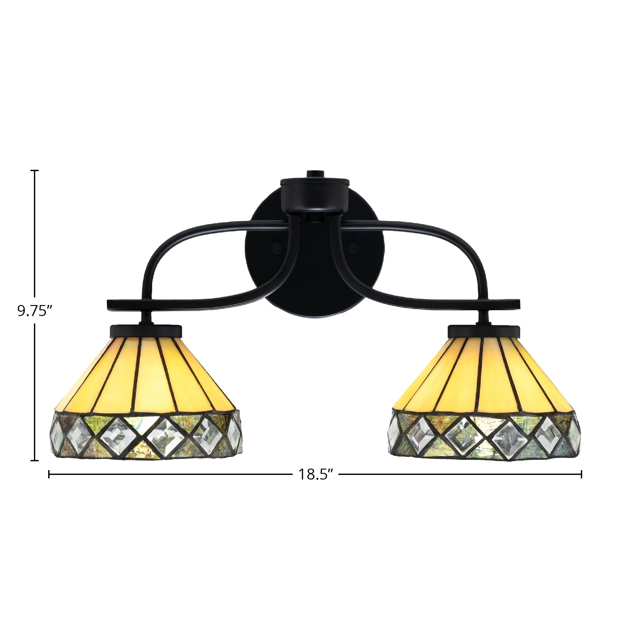 Cavella Two Light Bath Bar in Matte Black with 7" Diamond Peak Art Glass Shade