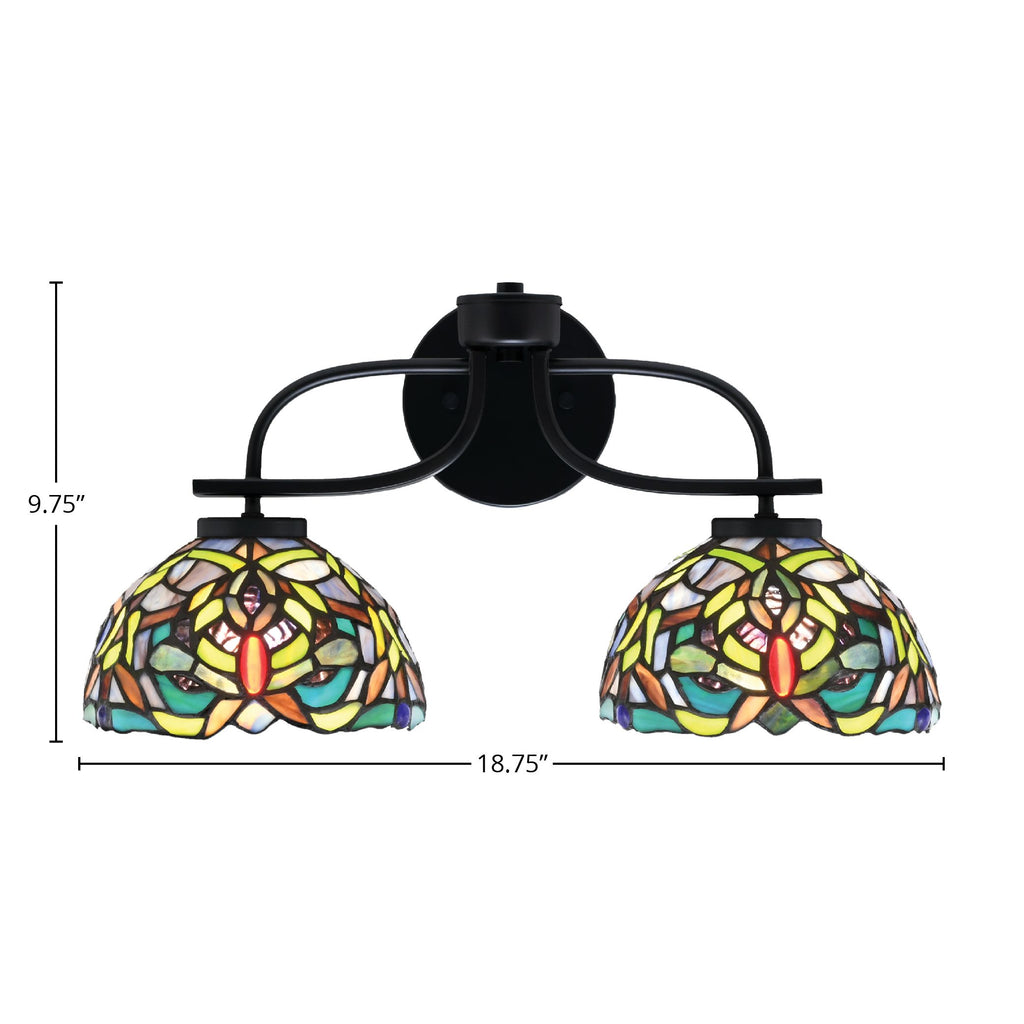 Cavella Two Light Bath Bar in Matte Black with 7" Kaleidoscope Art Glass Shade