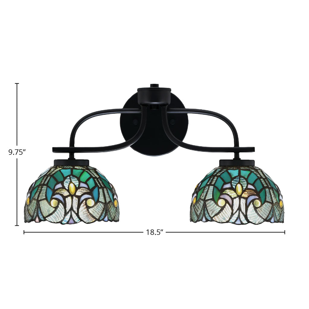 Cavella Two Light Bath Bar in Matte Black with 7" Turquoise Cypress Art Glass Shade