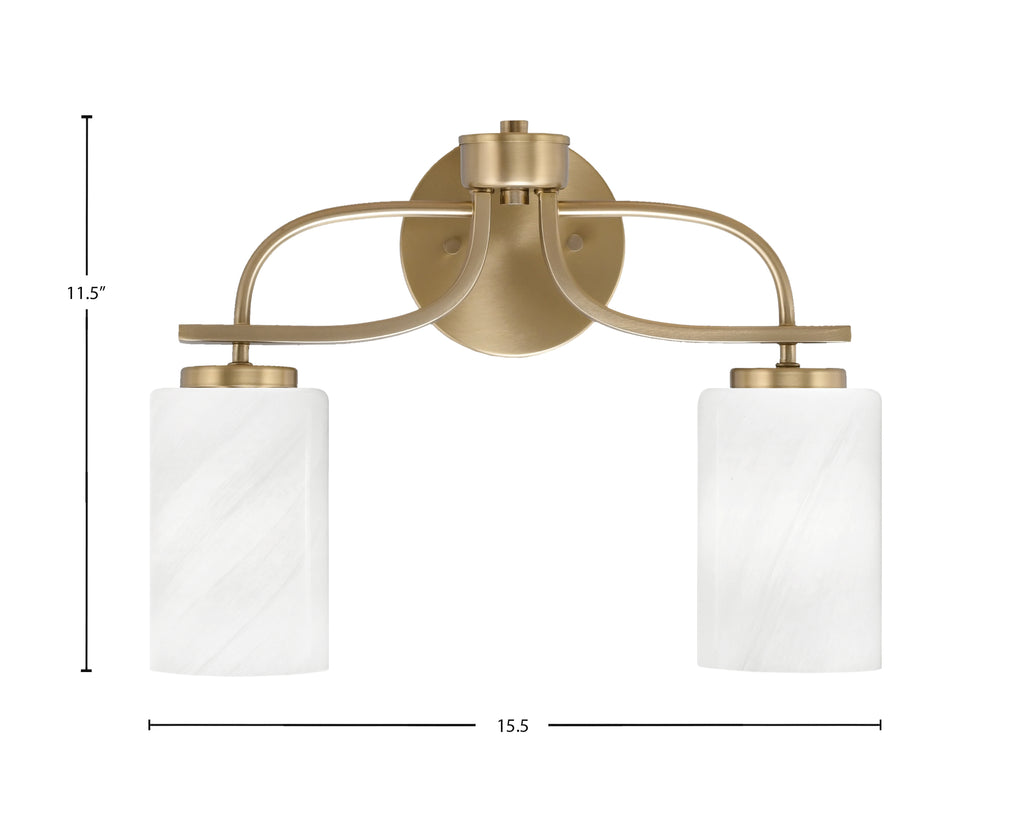 Cavella Two Light Bath Bar in New Age Brass with 4" White Marble Shade