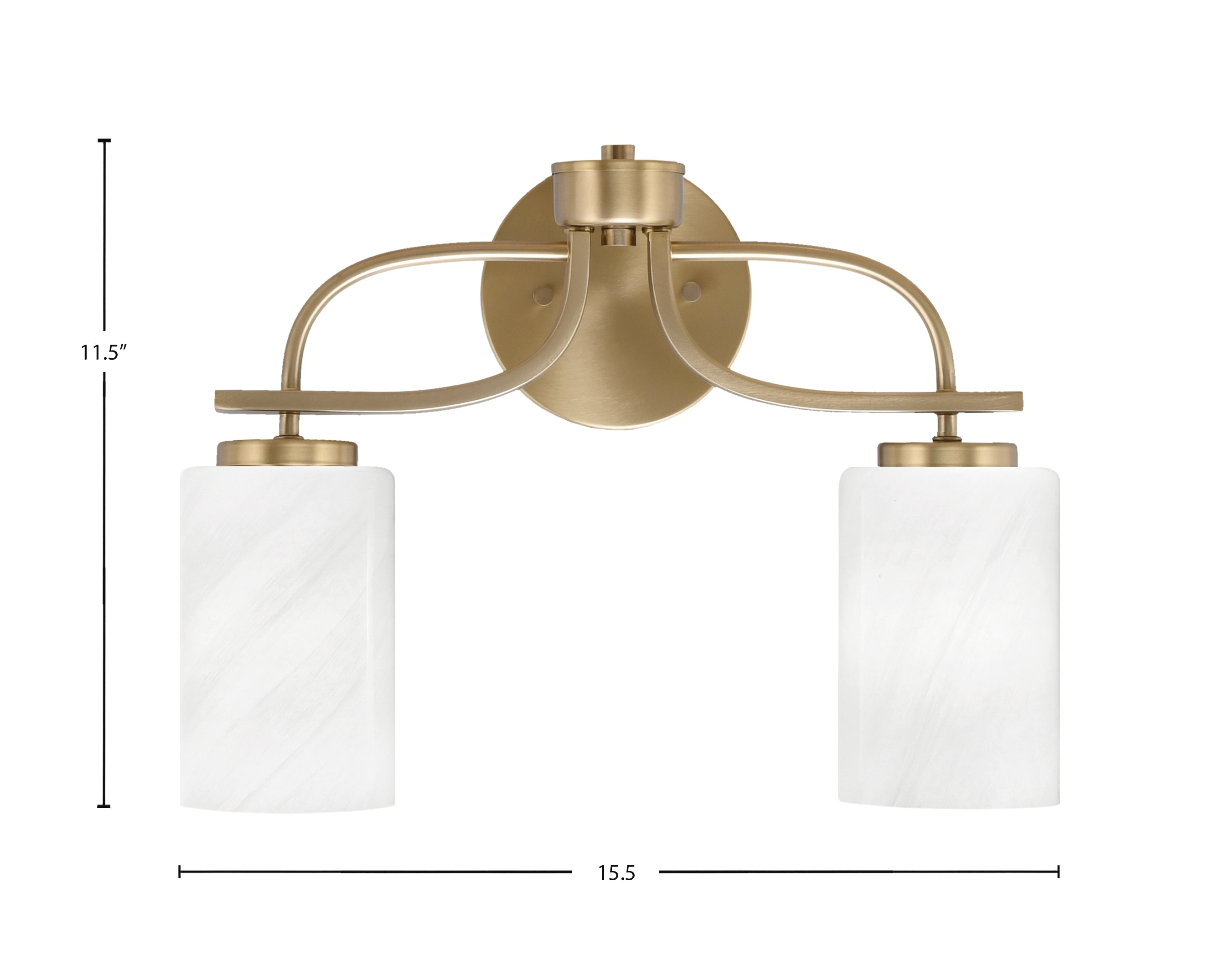 Cavella Two Light Bath Bar in New Age Brass with 4" White Marble Shade