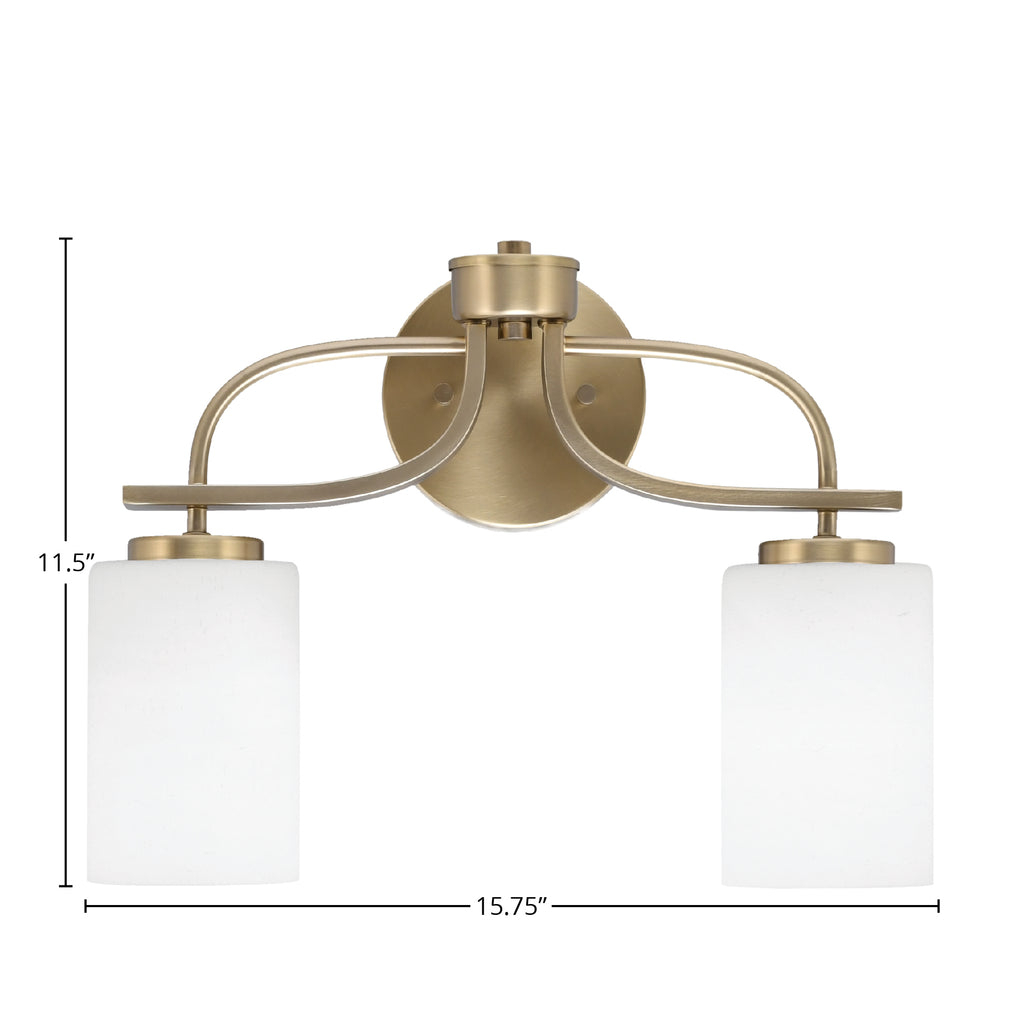 Cavella Two Light Bath Bar in New Age Brass with 4" White Muslin Shade