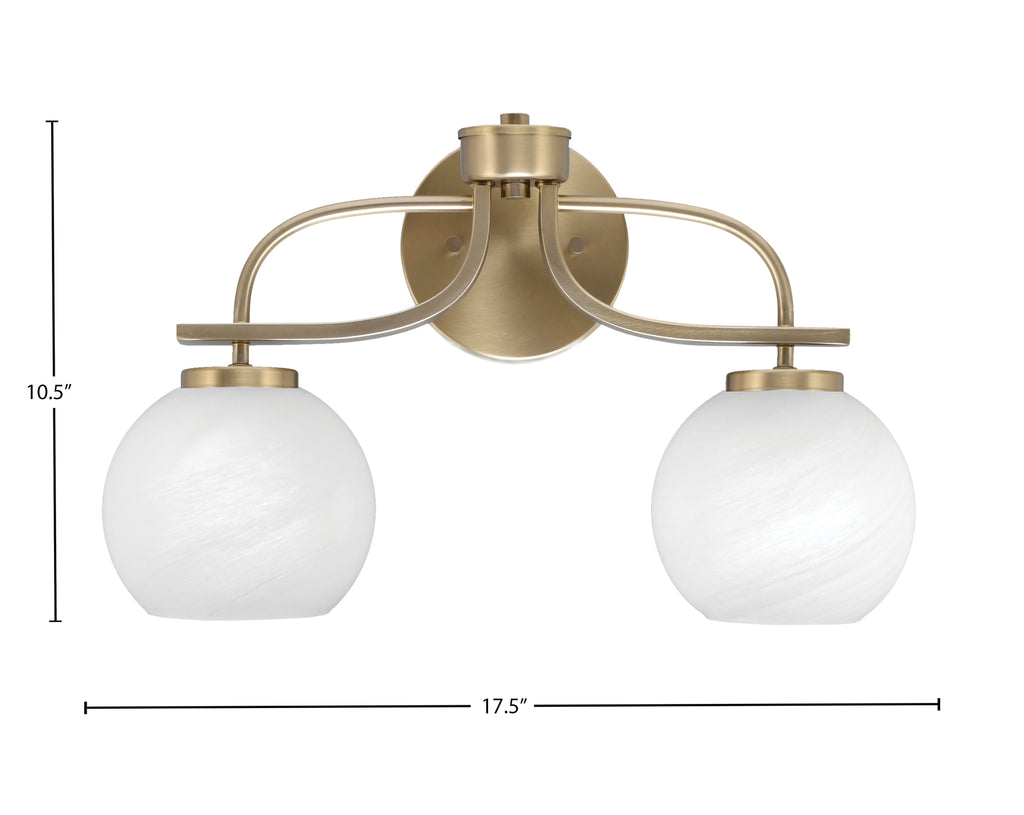 Cavella Two Light Bath Bar in New Age Brass with 5.75" White Marble Shade