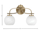 Cavella Two Light Bath Bar in New Age Brass with 5.75" White Marble Shade