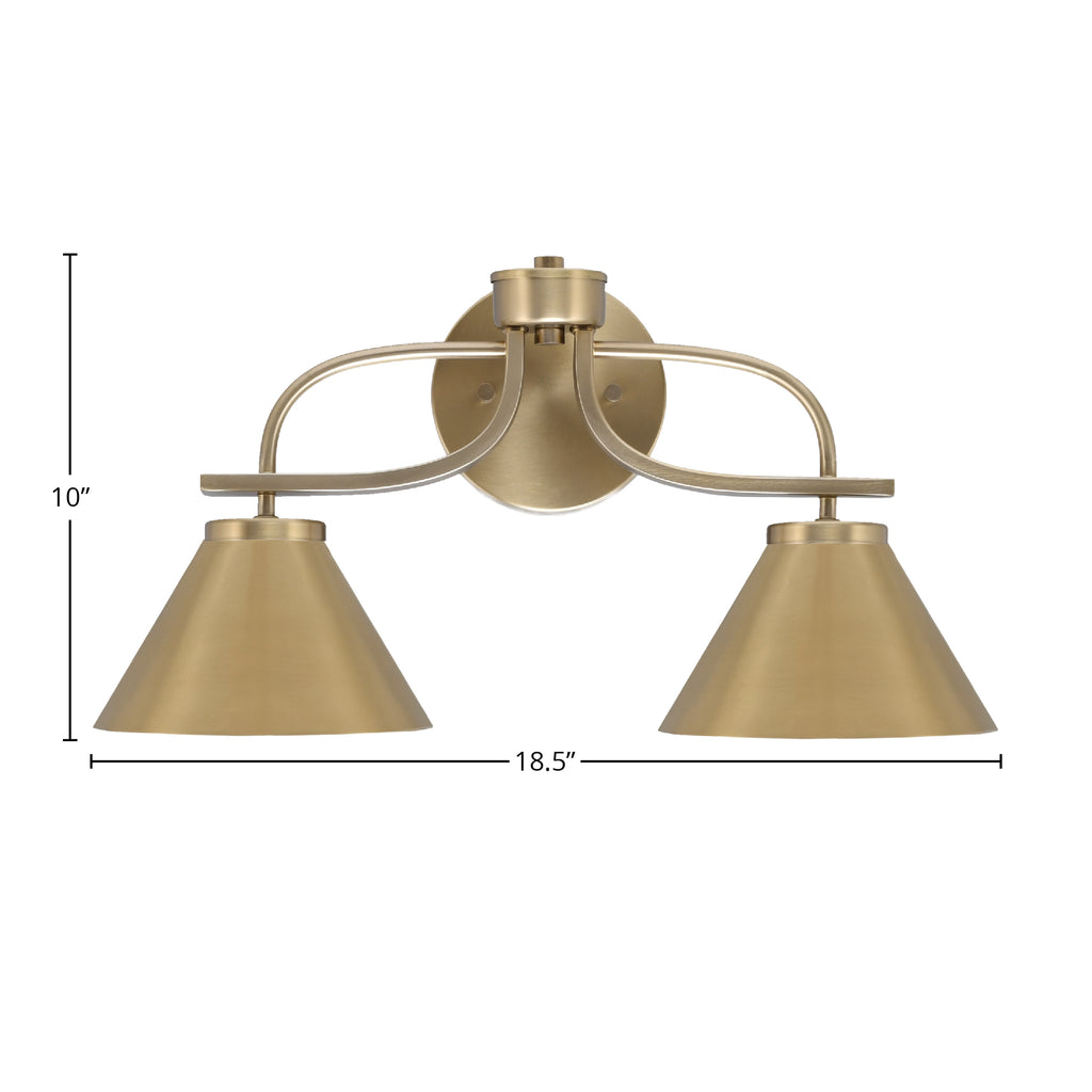 Cavella Two Light Bath Bar in New Age Brass with 7" New Age Brass Cone Metal Shade