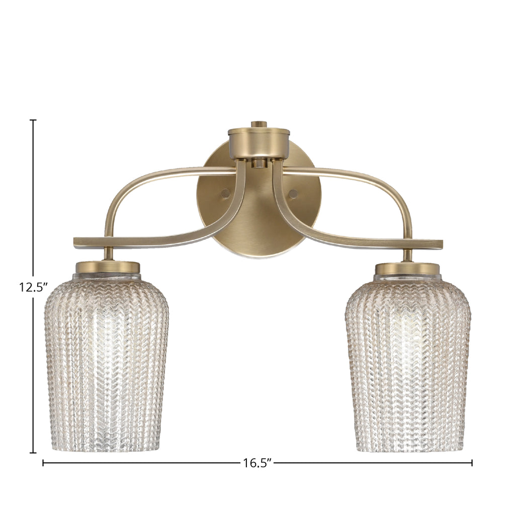Cavella Two Light Bath Bar in New Age Brass with 5" Silver Textured Shade