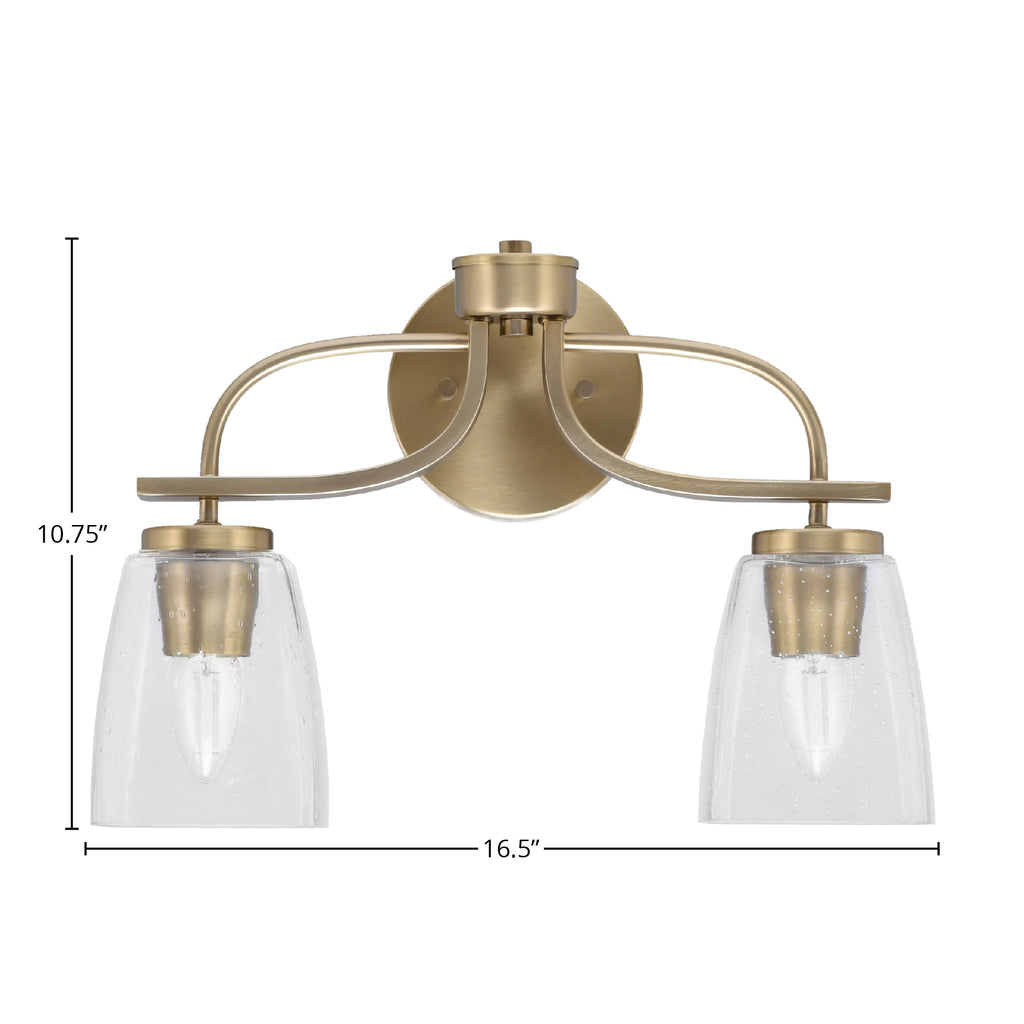 Cavella Two Light Bath Bar in New Age Brass with 4.5" Square Clear Bubble Shade