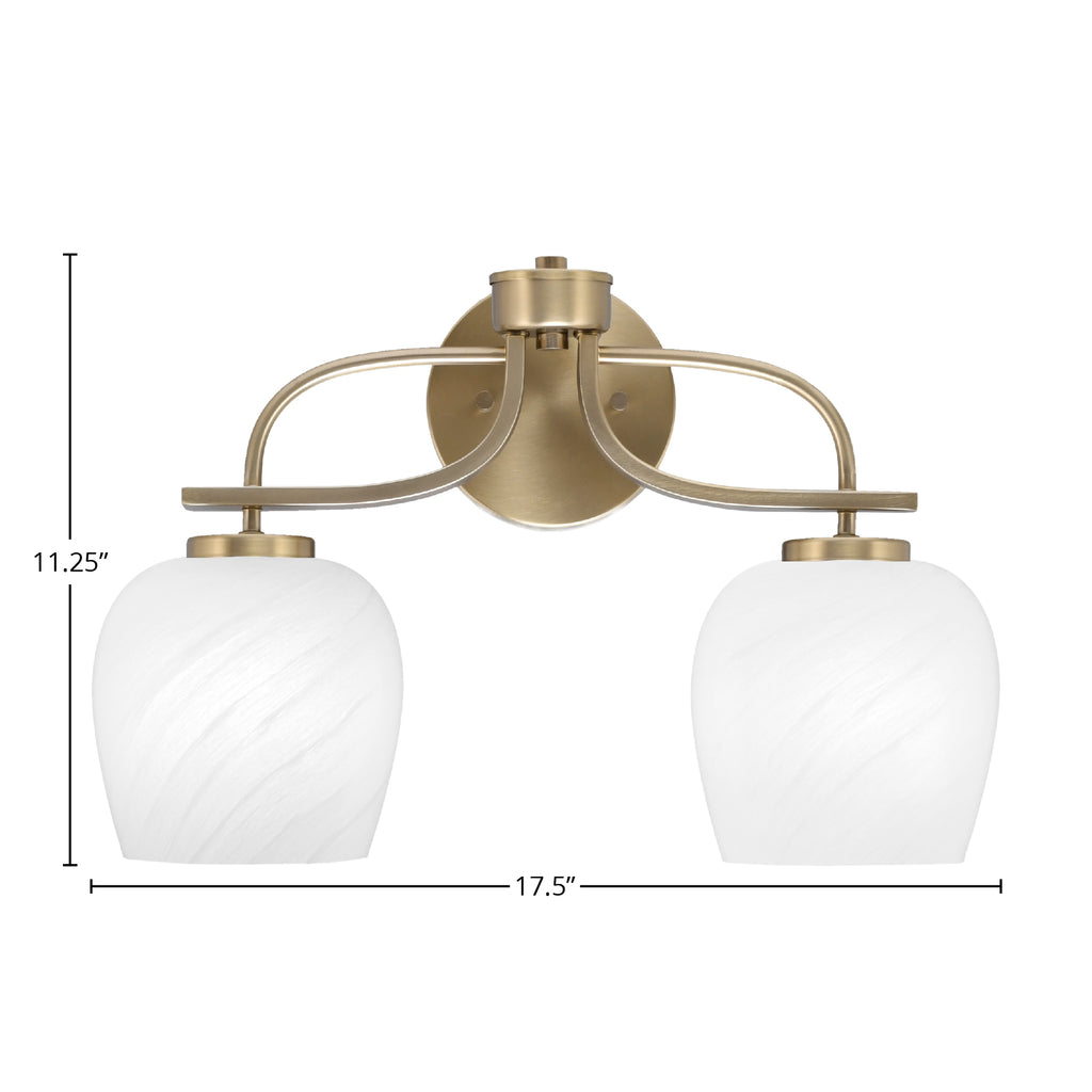 Cavella Two Light Bath Bar in New Age Brass with 6" White Marble Shade
