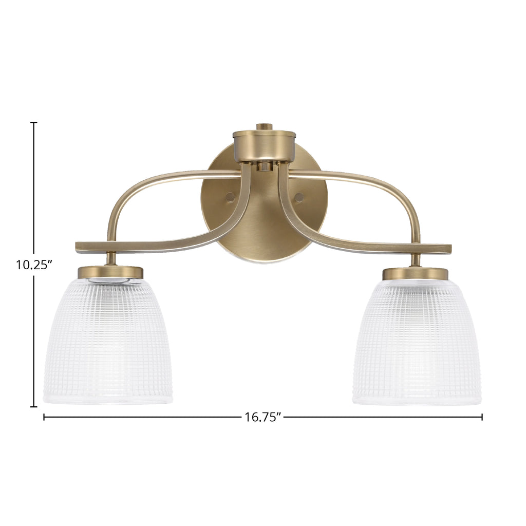 Cavella Two Light Bath Bar in New Age Brass with 5" Clear Ribbed Shade