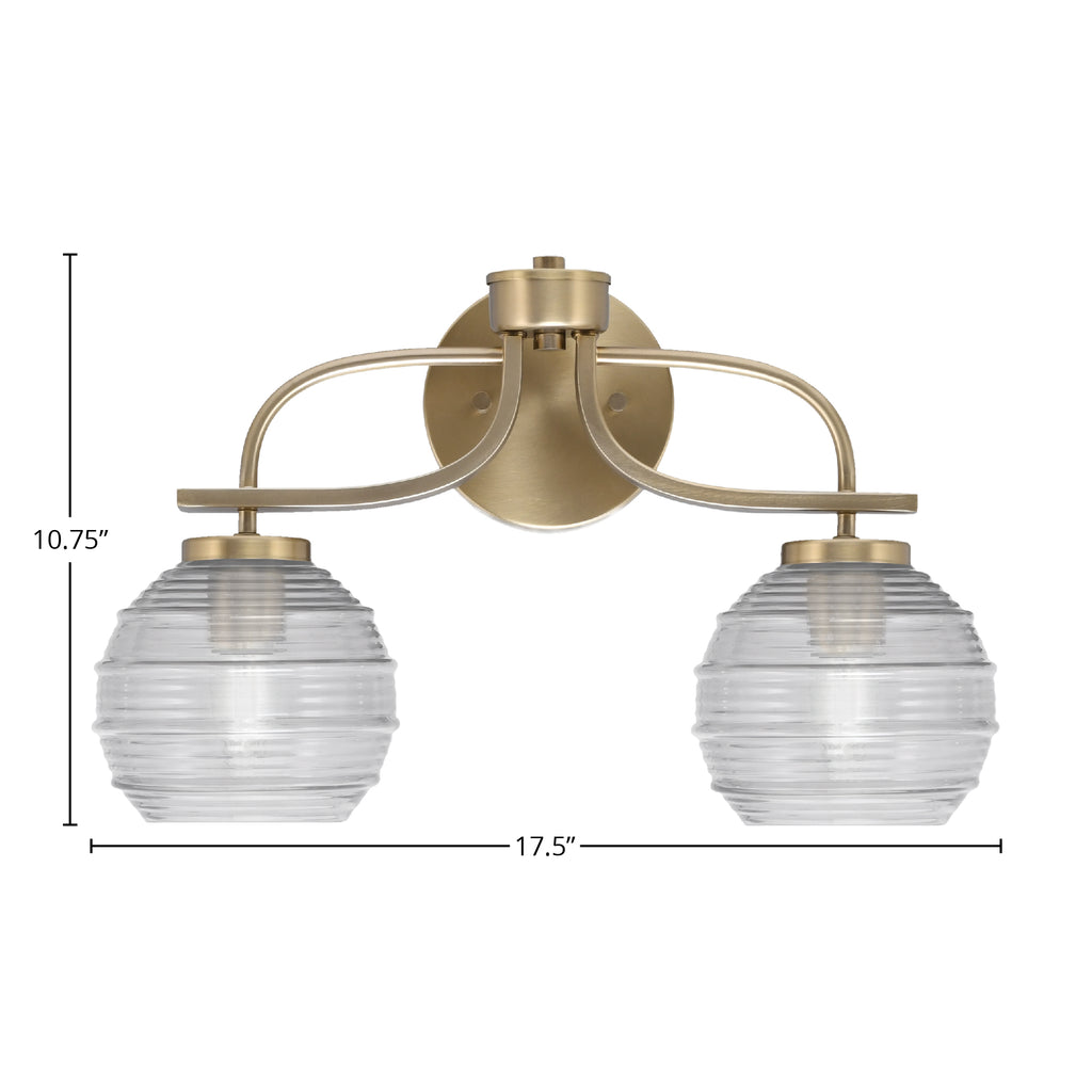 Cavella Two Light Bath Bar in New Age Brass with 6" Clear Ribbed Shade