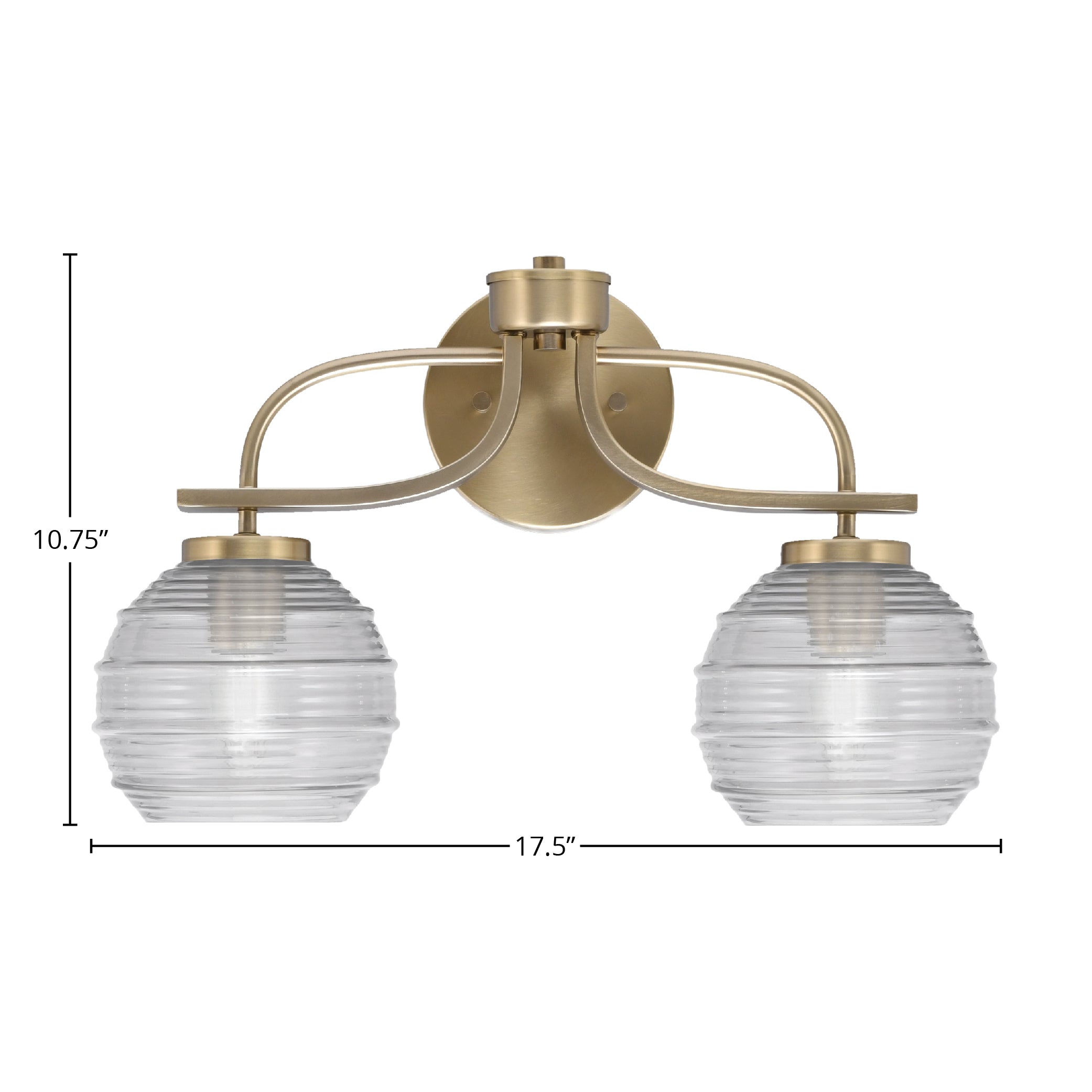 Cavella Two Light Bath Bar in New Age Brass with 6" Clear Ribbed Shade
