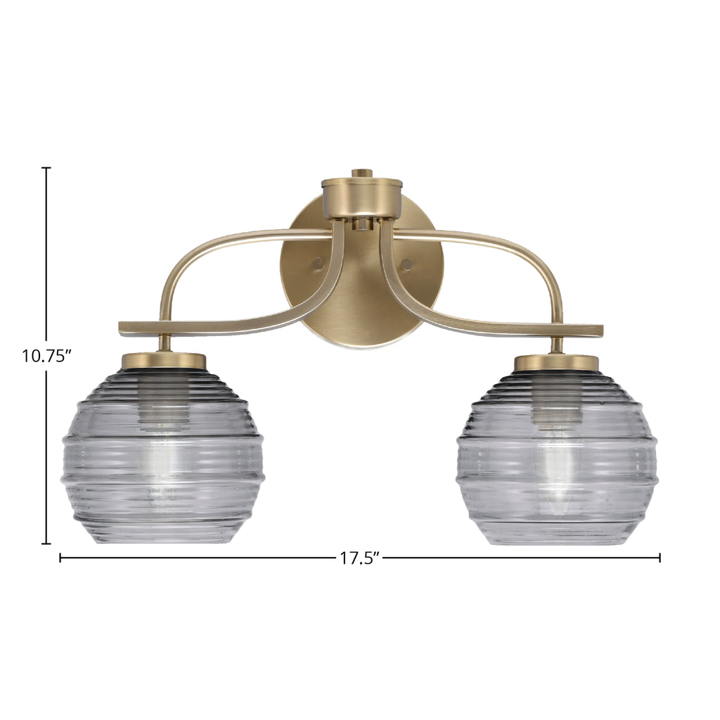 Cavella Two Light Bath Bar in New Age Brass with 6" Smoke Ribbed Shade