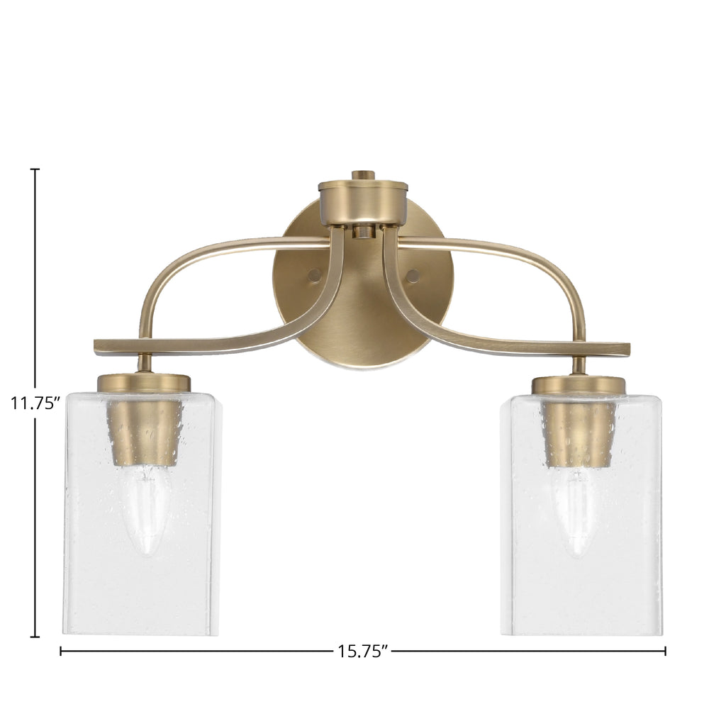 Cavella Two Light Bath Bar in New Age Brass with 4" Square Clear Bubble Shade