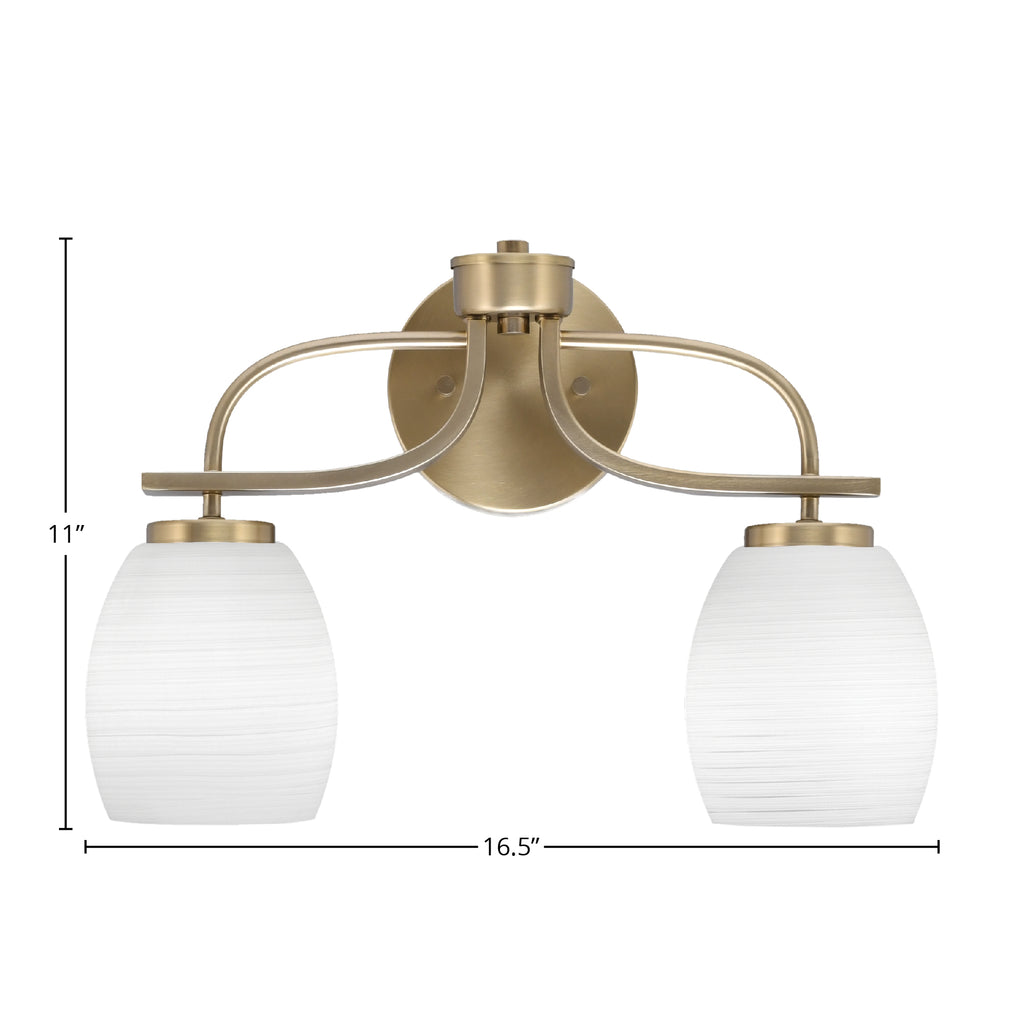 Cavella Two Light Bath Bar in New Age Brass with 5" White Linen Shade
