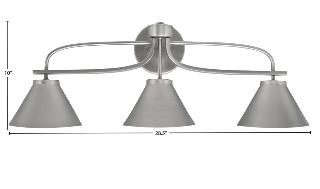 Cavella Three Light Bath Bar in Graphite with 7" Graphite Cone Metal Shade Shade