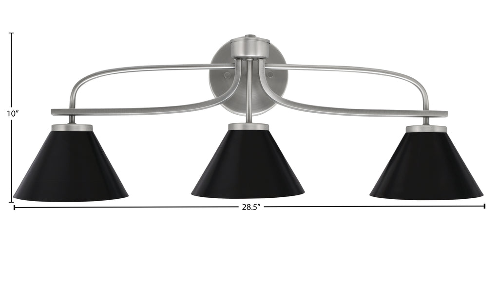 Cavella Three Light Bath Bar in Graphite with 7" Matte Black Cone Metal Shade Shade