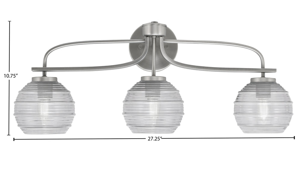 Cavella Three Light Bath Bar in Graphite with 6" Clear Ribbed Shade