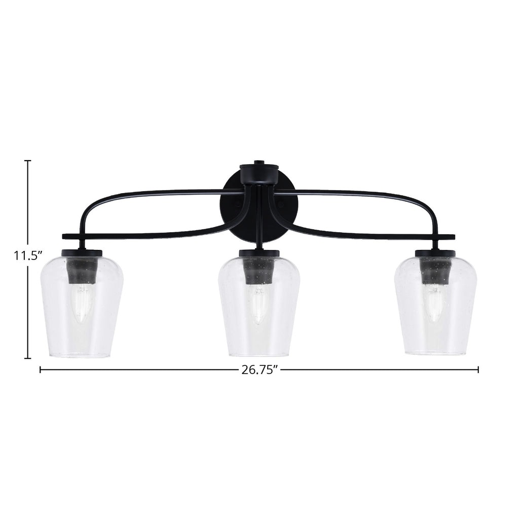 Cavella Three Light Bath Bar in Matte Black with 5" Clear Bubble Shade