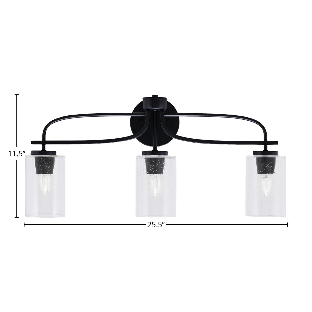 Cavella Three Light Bath Bar in Matte Black with 4" Clear Bubble Shade
