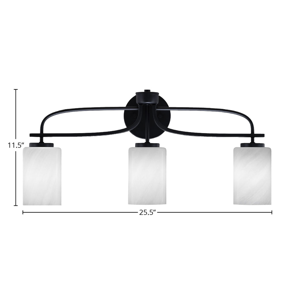 Cavella Three Light Bath Bar in Matte Black with 4" White Marble Shade