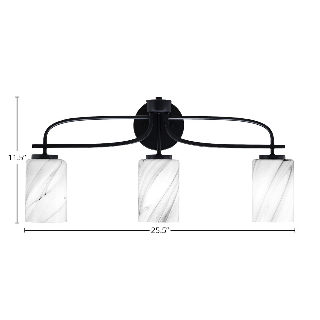 Cavella Three Light Bath Bar in Matte Black with 4" Onyx Swirl Shade