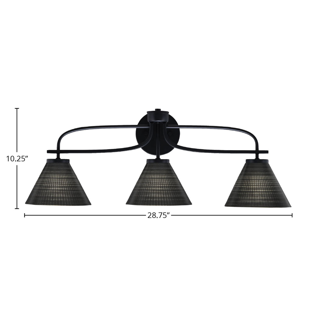 Cavella Three Light Bath Bar in Matte Black with 7" Black Matrix Shade