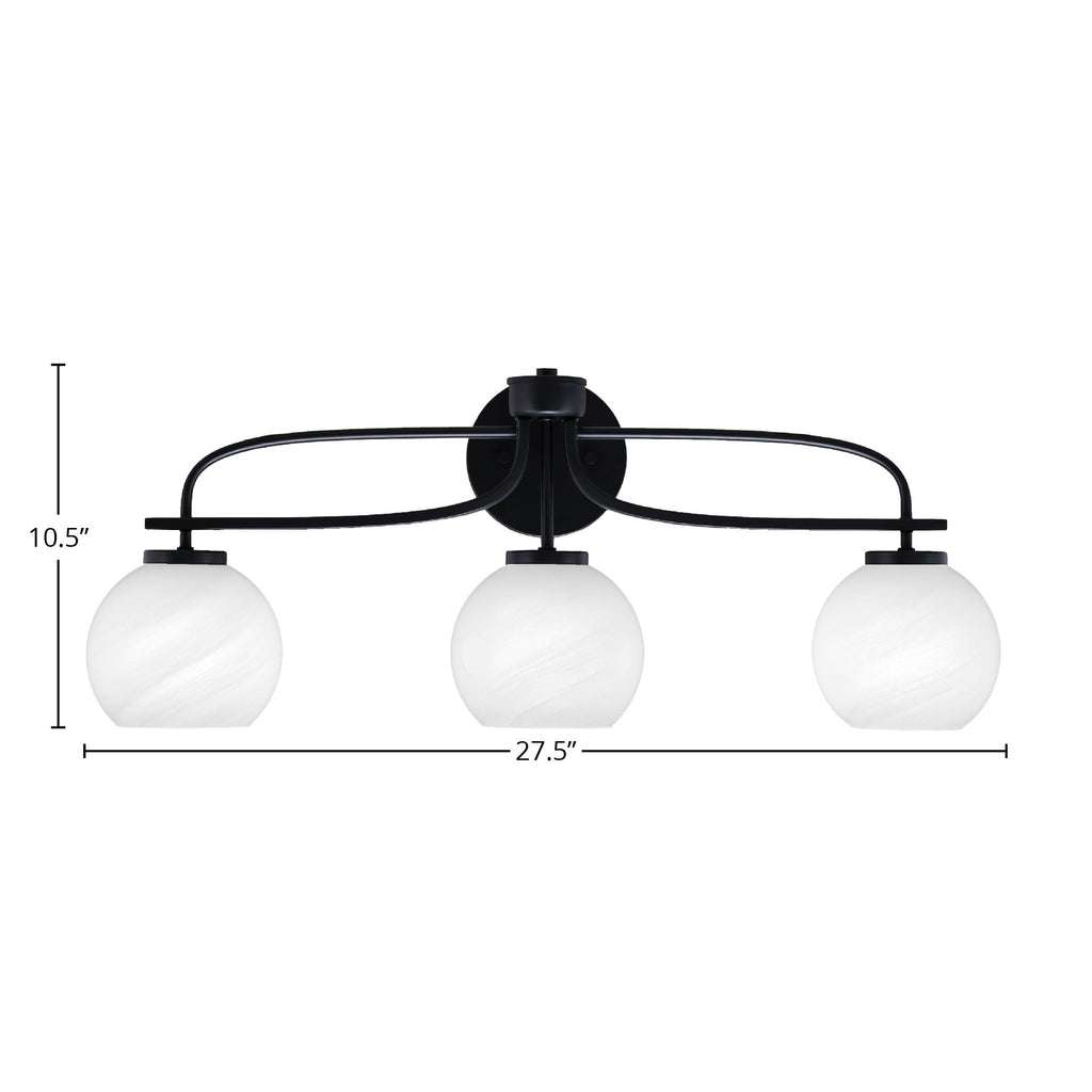 Cavella Three Light Bath Bar in Matte Black with 5.75" White Marble Shade