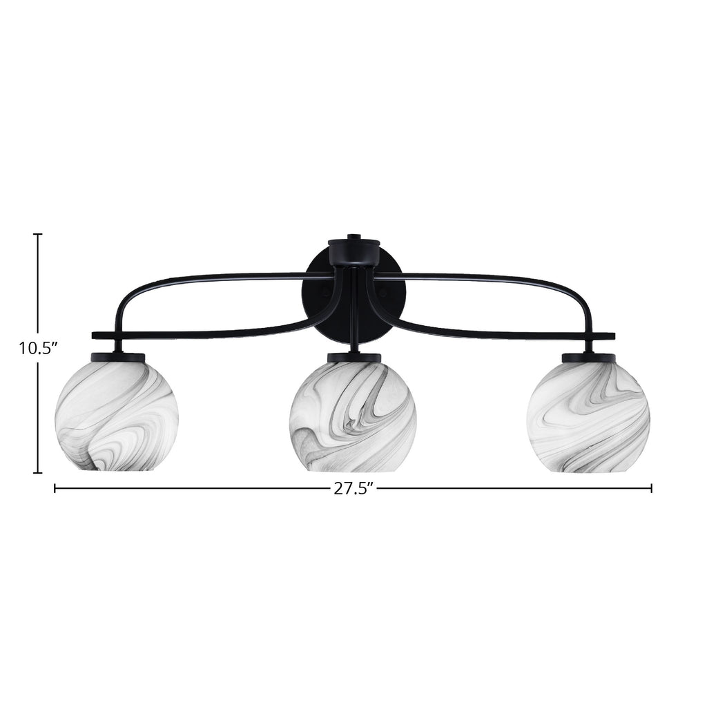 Cavella Three Light Bath Bar in Matte Black with 5.75" Onyx Swirl Shade