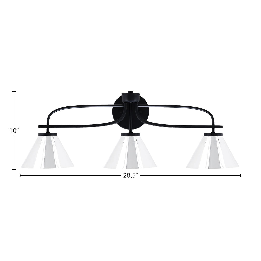 Cavella Three Light Bath Bar in Matte Black with 7" Chrome Cone Metal Shade