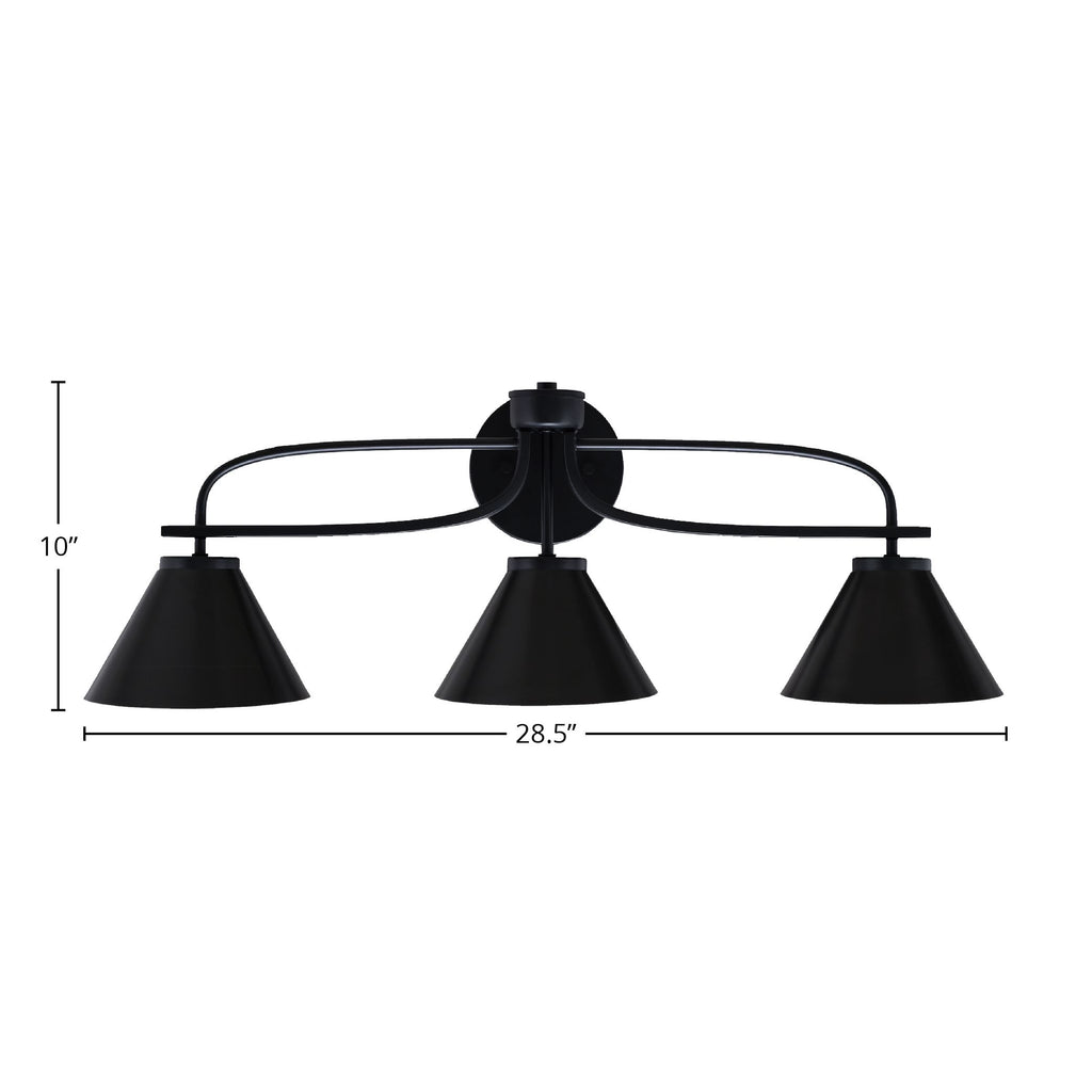 Cavella Three Light Bath Bar in Matte Black with 7" Matte Black Cone Metal Shade