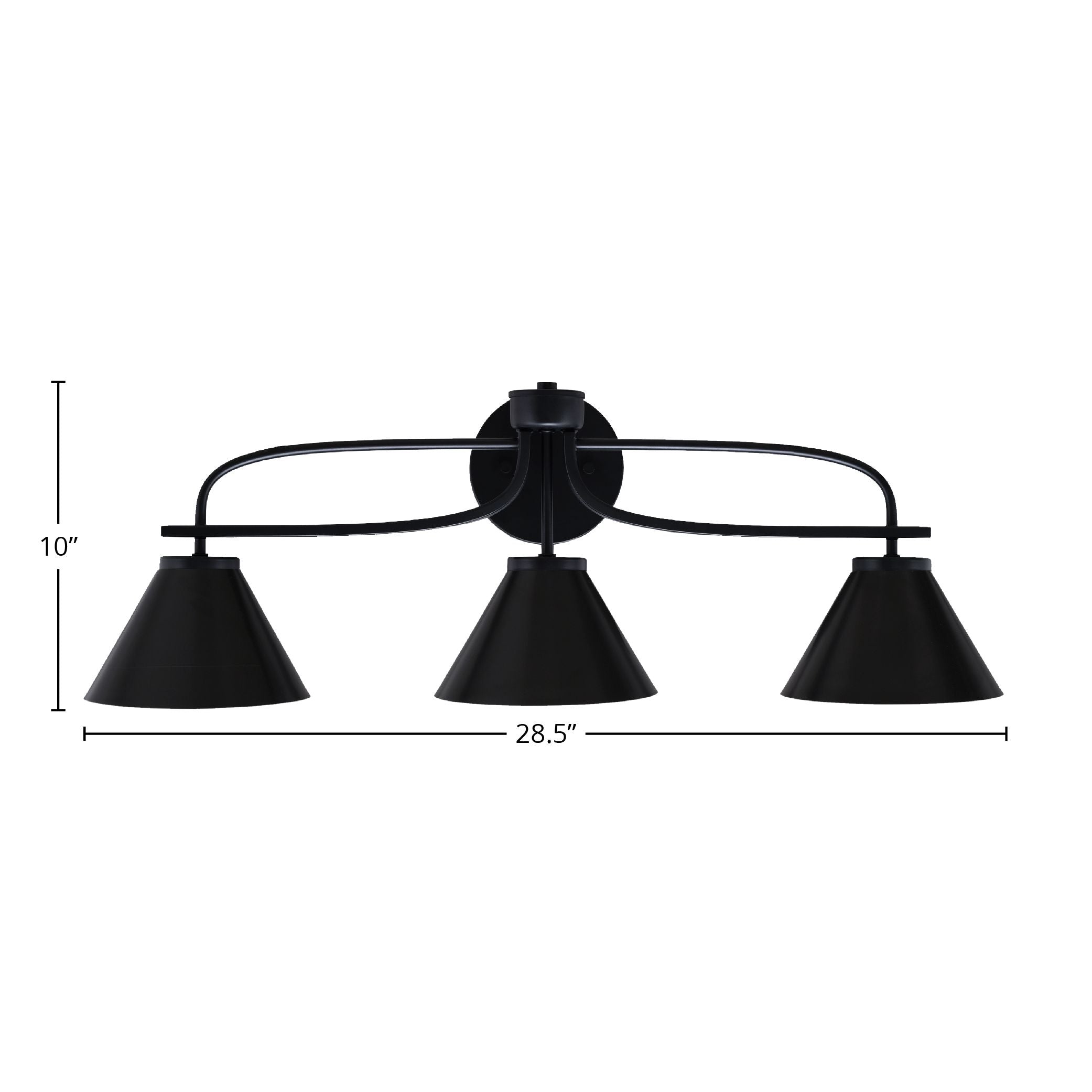 Cavella Three Light Bath Bar in Matte Black with 7" Matte Black Cone Metal Shade