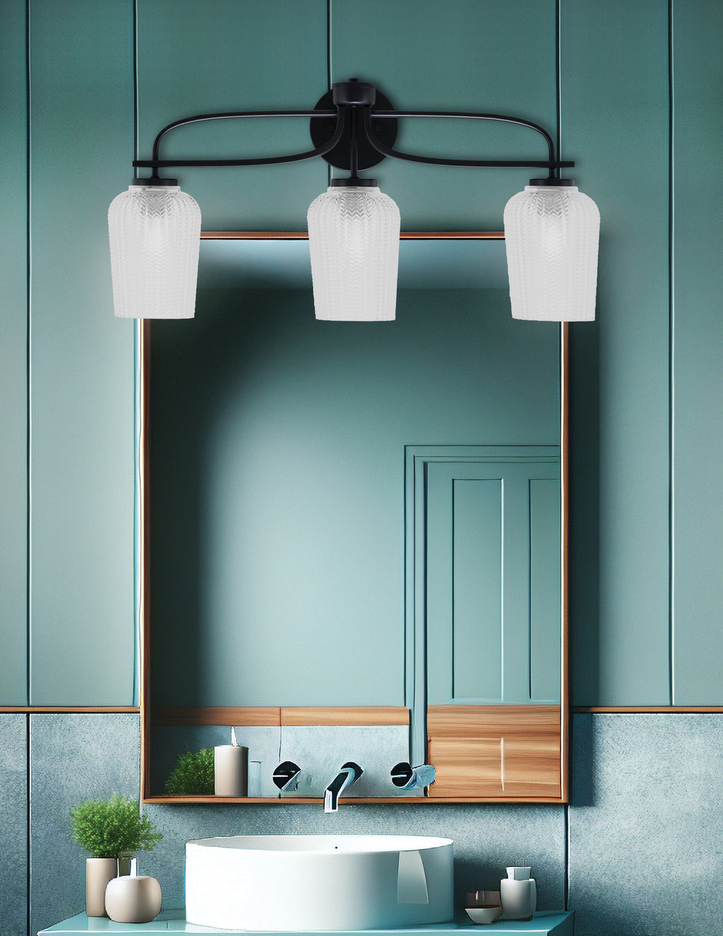 Cavella Three Light Bath Bar in Matte Black with 5" Clear Textured Shade