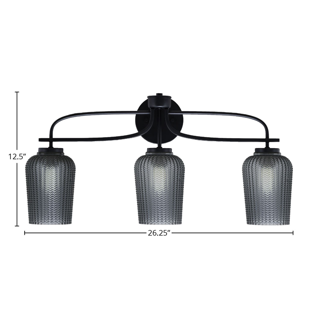Cavella Three Light Bath Bar in Matte Black with 5" Smoke Textured Shade