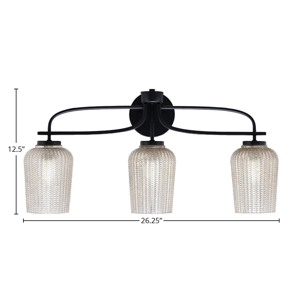 Cavella Three Light Bath Bar in Matte Black with 5" Silver Textured Shade